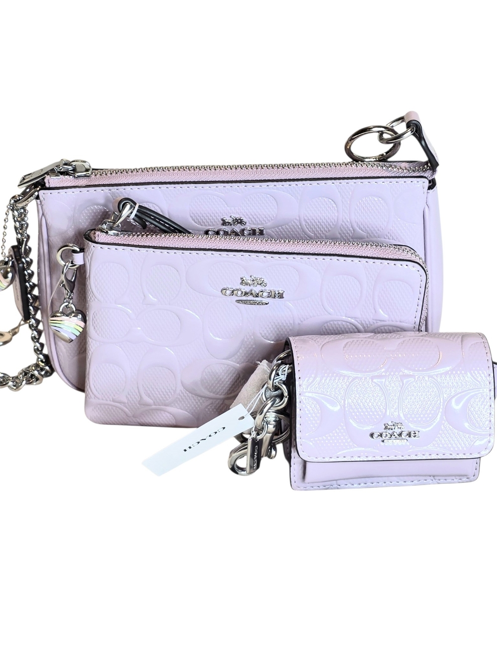 COACH 3pcs Set Nolita  Patent Leather Bag, Wristlet, Air Pod Keychain Case NWT